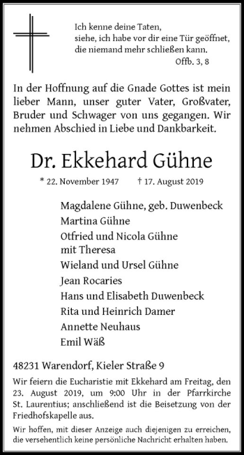 Anzeige von Dr. Ekkehard Gühne von Westfälische Nachrichten
