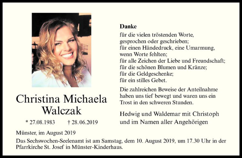  Traueranzeige für Christina Michaela Walczak vom 03.08.2019 aus Westfälische Nachrichten