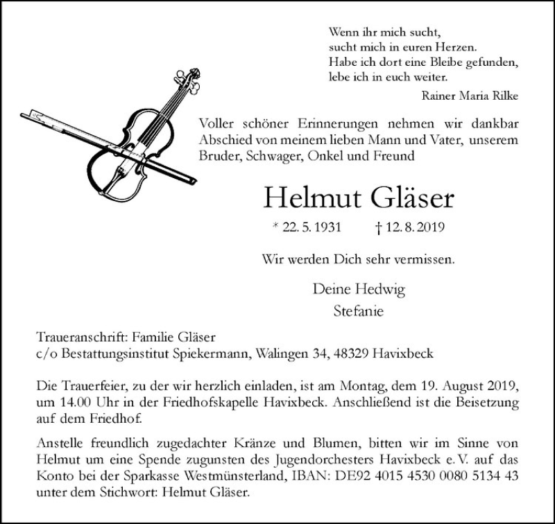  Traueranzeige für Helmut Gläser vom 15.08.2019 aus Westfälische Nachrichten