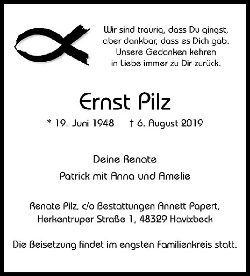  Traueranzeige für Ernst Pilz vom 10.08.2019 aus Westfälische Nachrichten