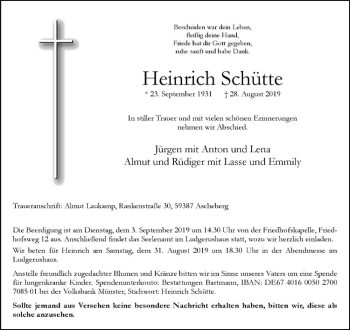 Anzeige von Heinrich Schütte von Westfälische Nachrichten
