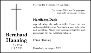 Anzeige von Bernhard Hanning von Westfälische Nachrichten