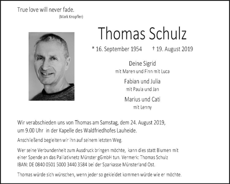  Traueranzeige für Thomas Schulz vom 22.08.2019 aus Westfälische Nachrichten
