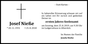Anzeige von Josef Nieße von Westfälische Nachrichten