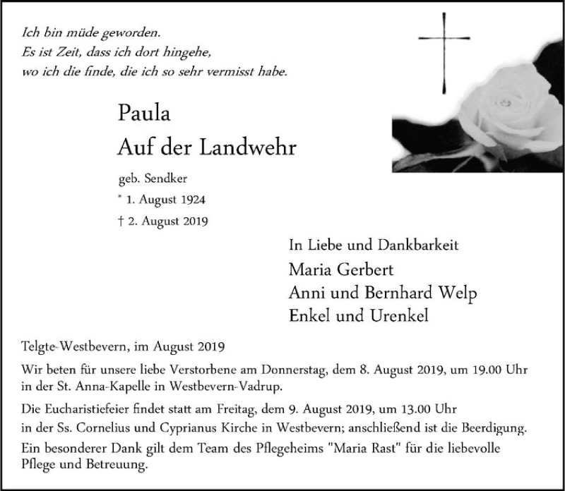  Traueranzeige für Paula Auf der Landwehr vom 07.08.2019 aus Westfälische Nachrichten