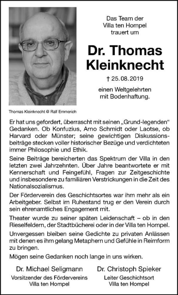  Traueranzeige für Thomas Kleinknecht vom 31.08.2019 aus Westfälische Nachrichten