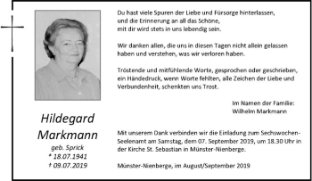 Anzeige von Hildegard Markmann von Westfälische Nachrichten