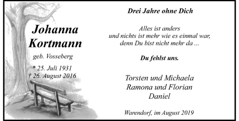  Traueranzeige für Johanna Kortmann vom 26.08.2019 aus Westfälische Nachrichten