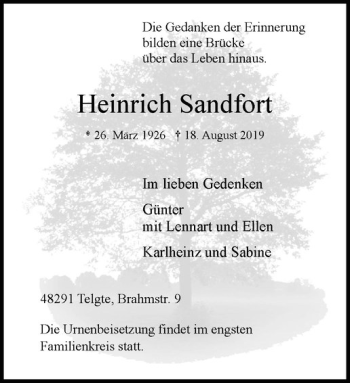 Anzeige von Heinrich Sandfort von Westfälische Nachrichten
