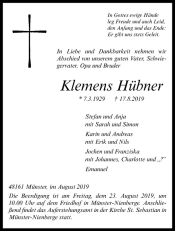 Anzeige von Klemens Hübner von Westfälische Nachrichten