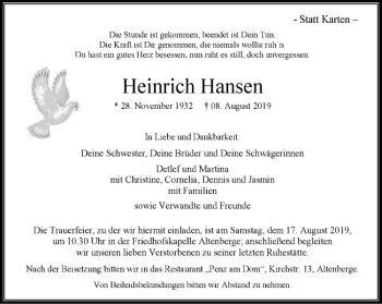 Anzeige von Heinrich Hansen von Westfälische Nachrichten