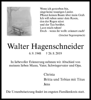 Anzeige von Walter Hagenschneider von Westfälische Nachrichten