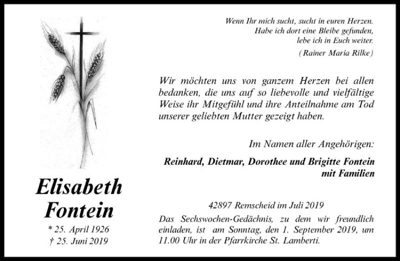  Traueranzeige für Elisabeth Fontein vom 28.08.2019 aus Westfälische Nachrichten