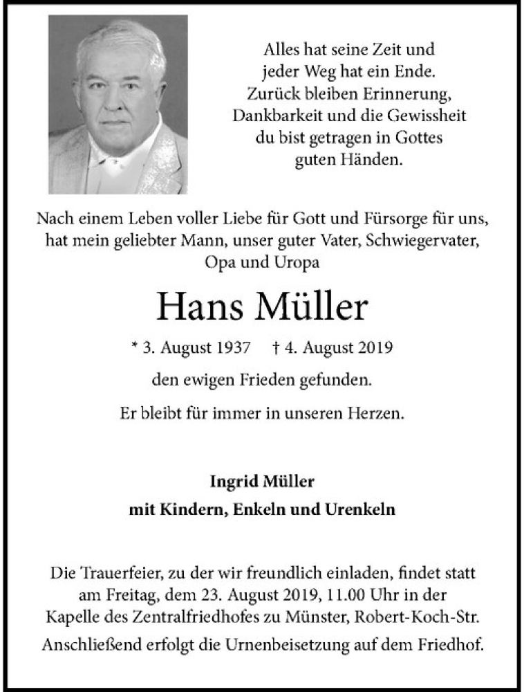  Traueranzeige für Hans Müller vom 17.08.2019 aus Westfälische Nachrichten