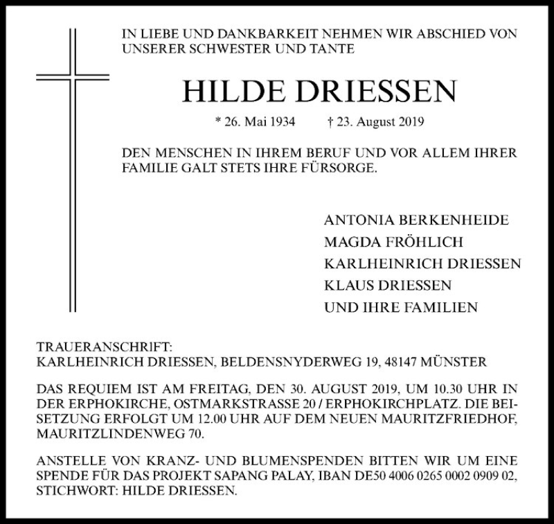 Traueranzeige für Hilde Driessen vom 28.08.2019 aus Westfälische Nachrichten