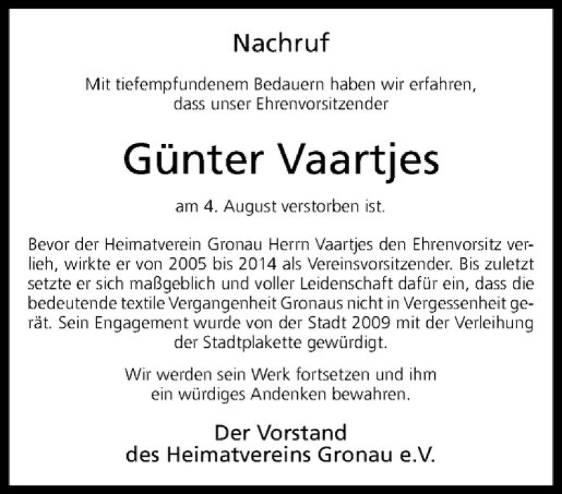  Traueranzeige für Günter Vaartjes vom 14.08.2019 aus Westfälische Nachrichten