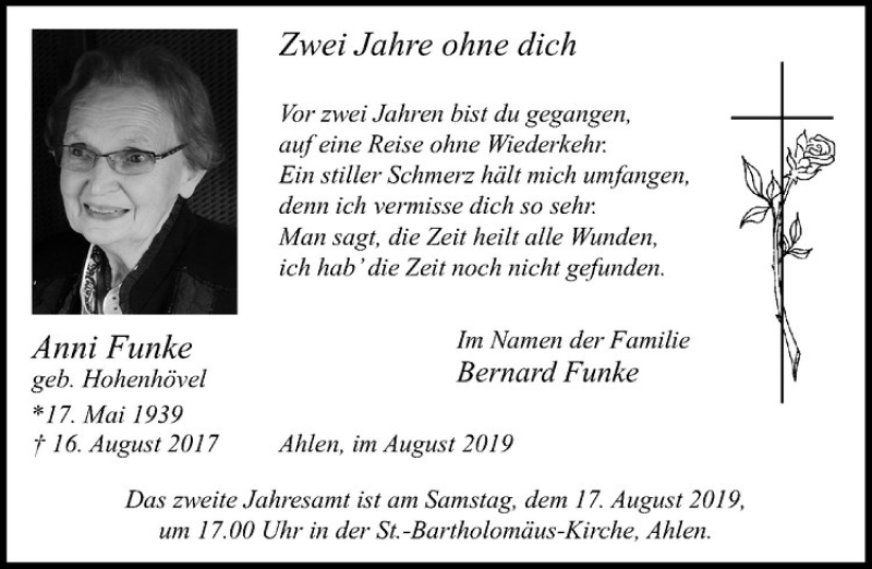  Traueranzeige für Anni Funke vom 12.08.2019 aus Westfälische Nachrichten