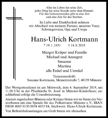 Anzeige von Hans-Ulrich Kortmann von Westfälische Nachrichten