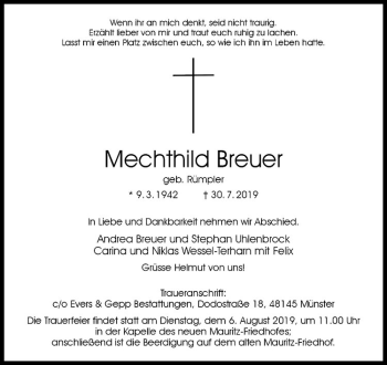 Anzeige von Mechthild Breuer von Westfälische Nachrichten