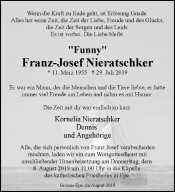 Anzeige von Franz-Josef Nieratschker von Westfälische Nachrichten
