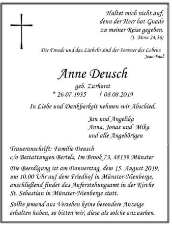 Anzeige von Anne Deusch von Westfälische Nachrichten
