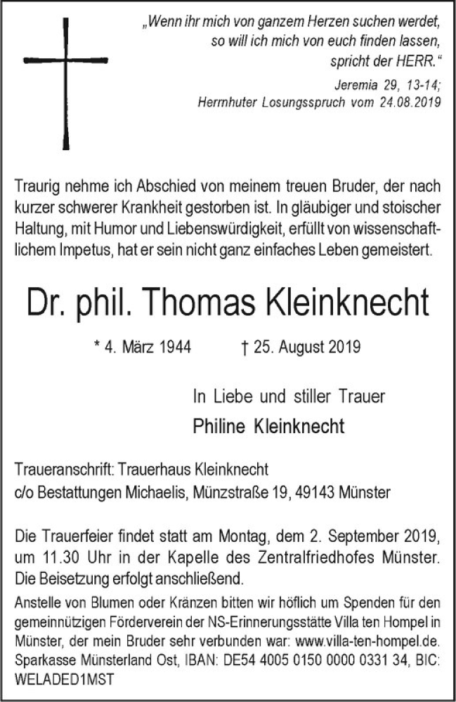  Traueranzeige für Thomas Kleinknecht vom 30.08.2019 aus Westfälische Nachrichten