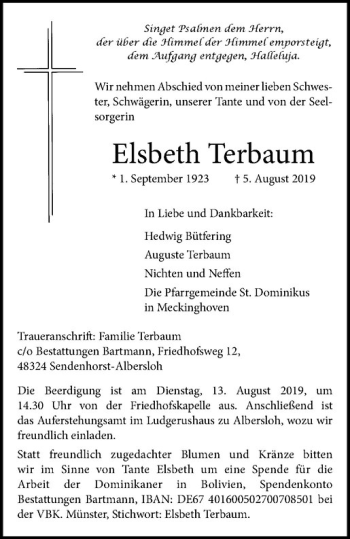Anzeige von Elisabeth Terbaum von Westfälische Nachrichten