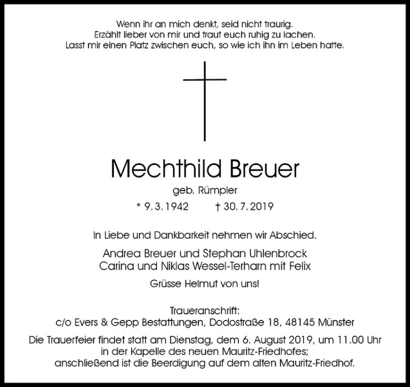  Traueranzeige für Mechthild Breuer vom 03.08.2019 aus Westfälische Nachrichten