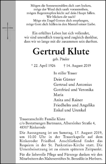 Anzeige von Gertrud Klute von Westfälische Nachrichten