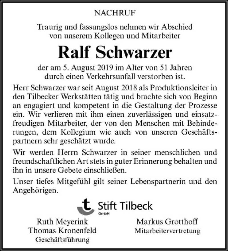 Traueranzeige für Ralf Schwarzer vom 10.08.2019 aus Westfälische Nachrichten