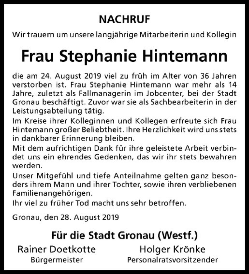  Traueranzeige für Stephanie Hintemann vom 30.08.2019 aus Westfälische Nachrichten