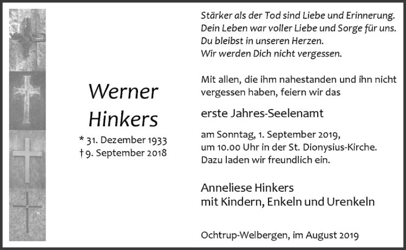  Traueranzeige für Werner Hinkers vom 28.08.2019 aus Westfälische Nachrichten
