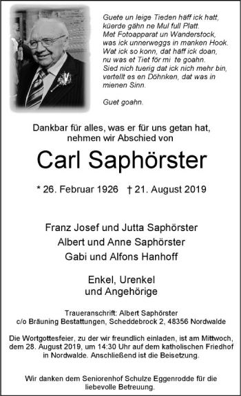 Anzeige von Carl Saphörster von Westfälische Nachrichten