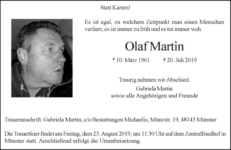  Traueranzeige für Olaf Martin vom 17.08.2019 aus Westfälische Nachrichten
