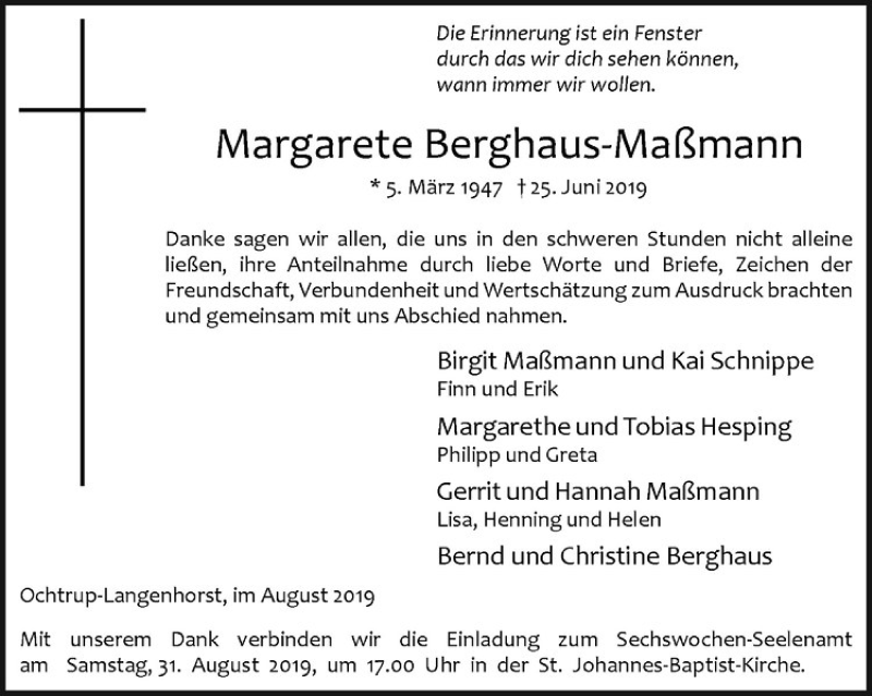  Traueranzeige für Margarete Berghaus-Maßmann vom 24.08.2019 aus Westfälische Nachrichten