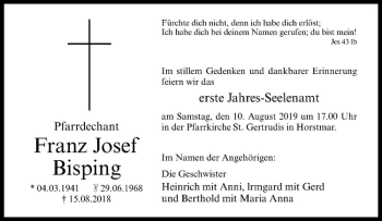 Anzeige von Franz Josef Bisping von Westfälische Nachrichten