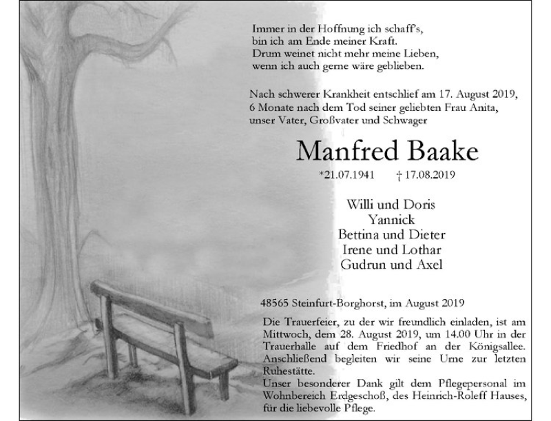  Traueranzeige für Manfred Baake vom 24.08.2019 aus Westfälische Nachrichten