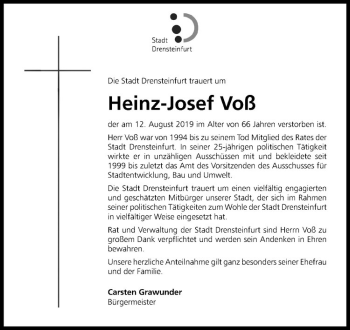 Anzeige von Heinz-Josef Voß von Westfälische Nachrichten