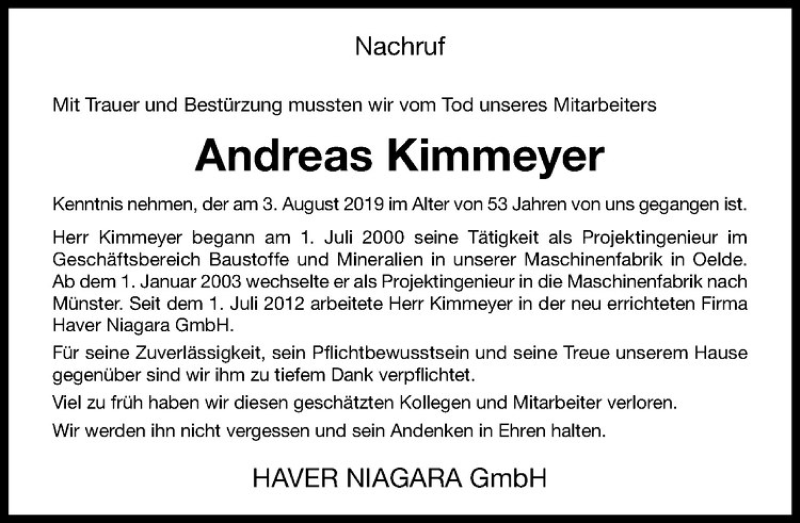  Traueranzeige für Andreas Kimmeyer vom 08.08.2019 aus Westfälische Nachrichten