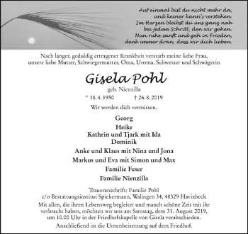 Anzeige von Gisela Pohl von Westfälische Nachrichten