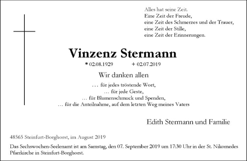  Traueranzeige für Vinzenz Stermann vom 31.08.2019 aus Westfälische Nachrichten
