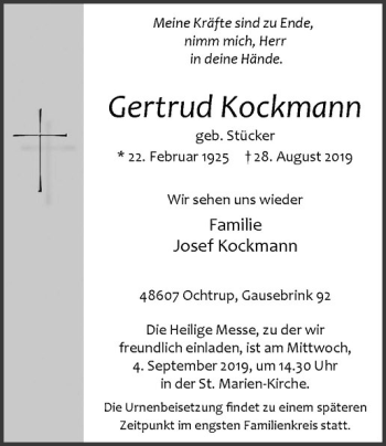 Anzeige von Gertrud Kockmann von Westfälische Nachrichten