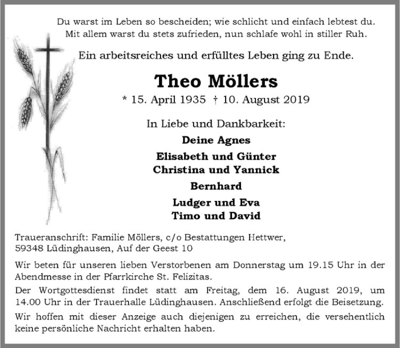  Traueranzeige für Theo Möllers vom 14.08.2019 aus Westfälische Nachrichten