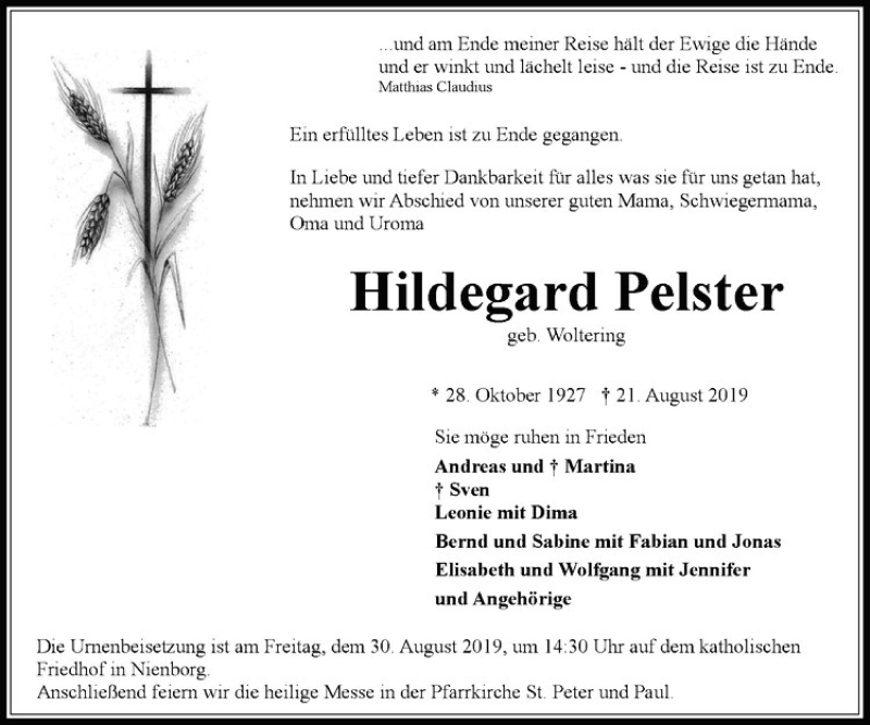  Traueranzeige für Hildegard Pelster vom 24.08.2019 aus Westfälische Nachrichten
