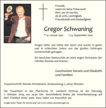 Anzeige von Gregor Schwaning von Westfälische Nachrichten