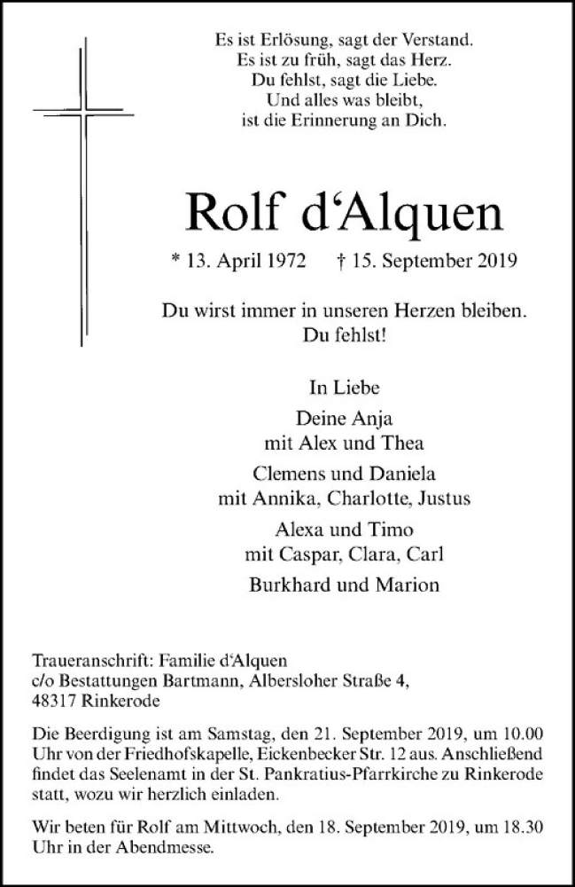  Traueranzeige für Rolf d'Alquen vom 18.09.2019 aus Westfälische Nachrichten