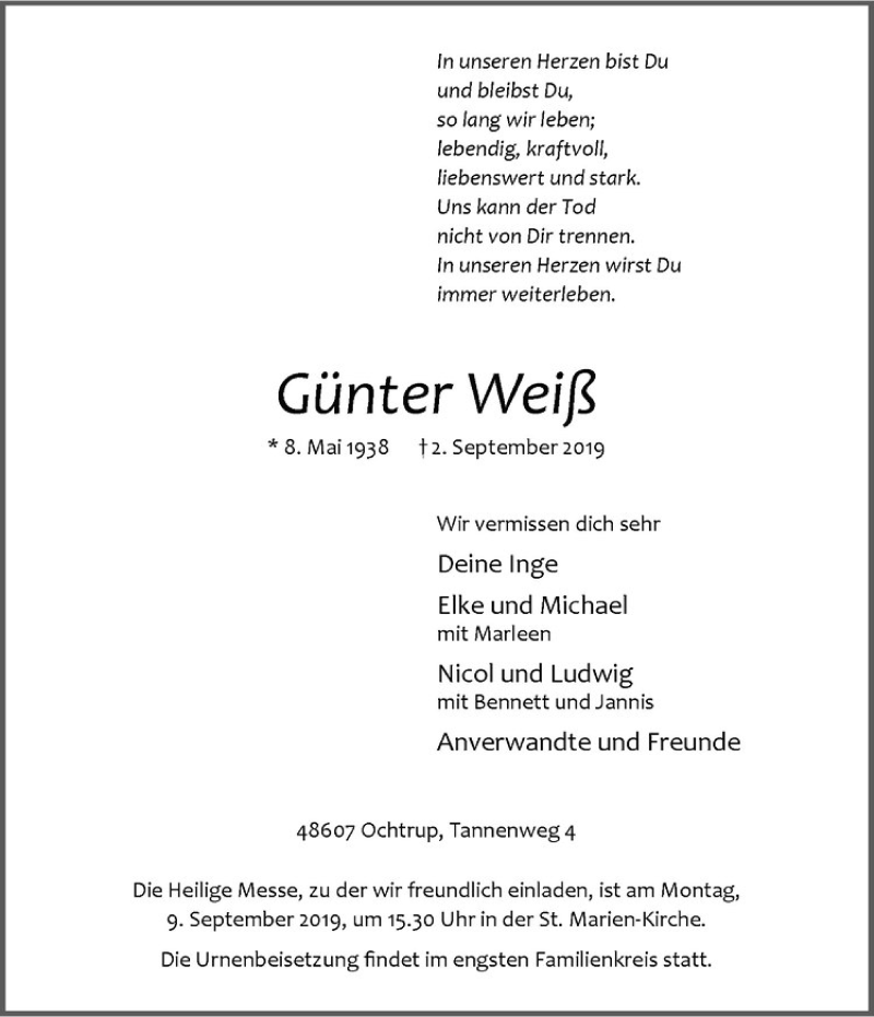  Traueranzeige für Günter Weiß vom 05.09.2019 aus Westfälische Nachrichten