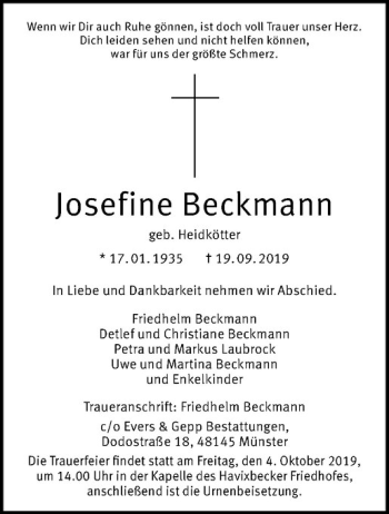 Anzeige von Josefine Beckmann von Westfälische Nachrichten