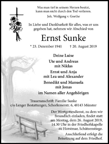 Anzeige von Ernst Sunke von Westfälische Nachrichten