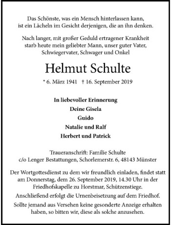 Anzeige von Helmut Schulte von Westfälische Nachrichten